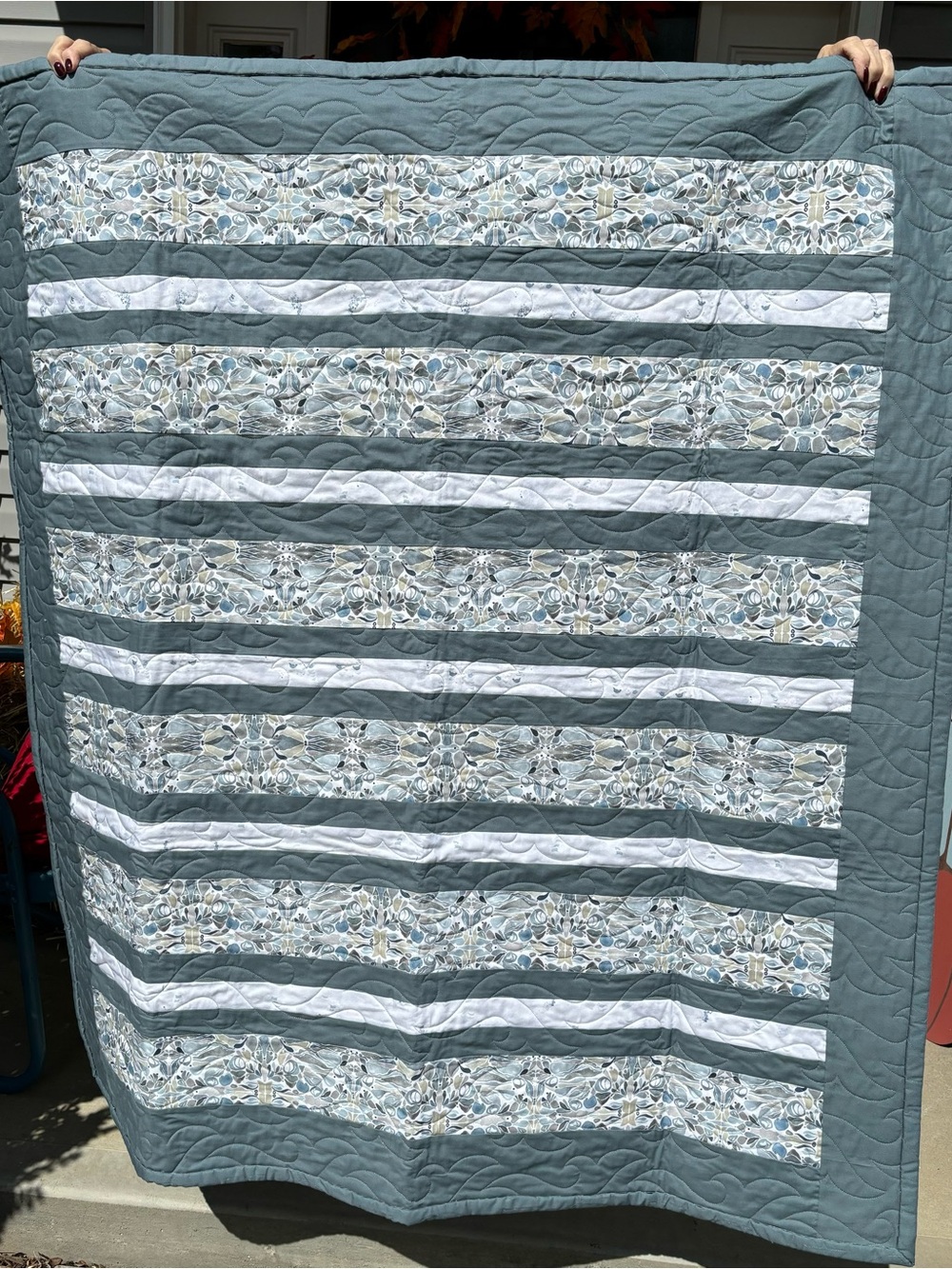 Handmade Blue and White Striped Quilt